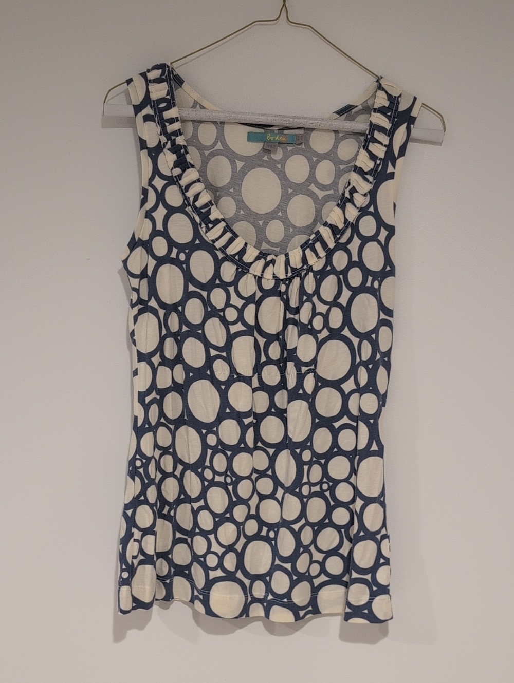 Boden Navy and Cream Ruffle-Trim Tank Top with Circle Print